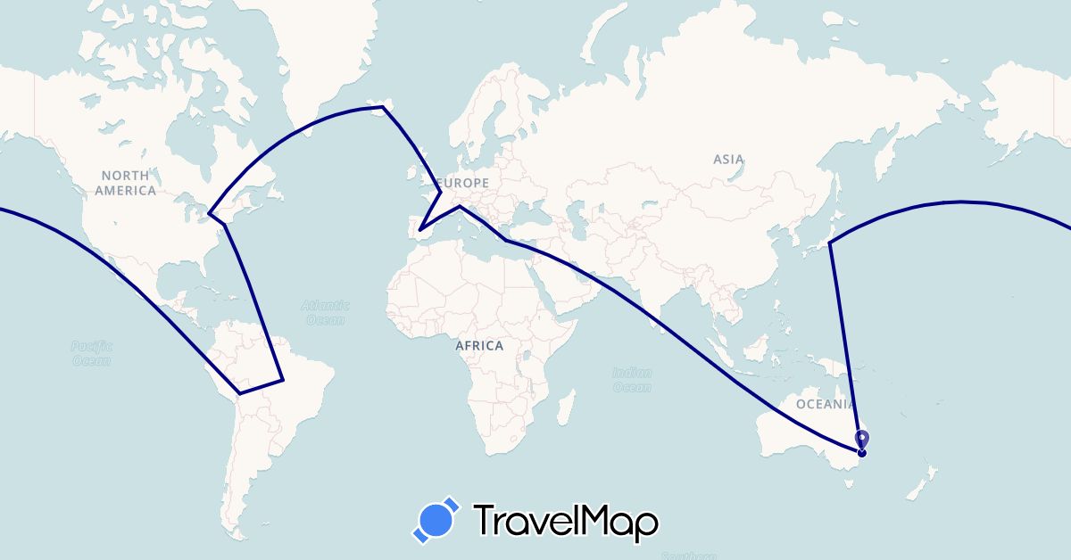 TravelMap itinerary: driving in United Arab Emirates, Australia, Bolivia, Brazil, Canada, Spain, France, Greece, Iceland, Italy, Japan, United States (Asia, Europe, North America, Oceania, South America)